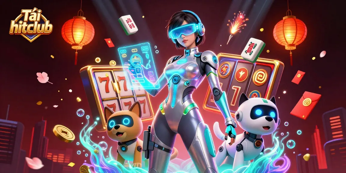 Tải hitclub showcases a vibrant scene with a futuristic woman and a robot dog maximizing casino winnings amid dynamic gambling elements.
