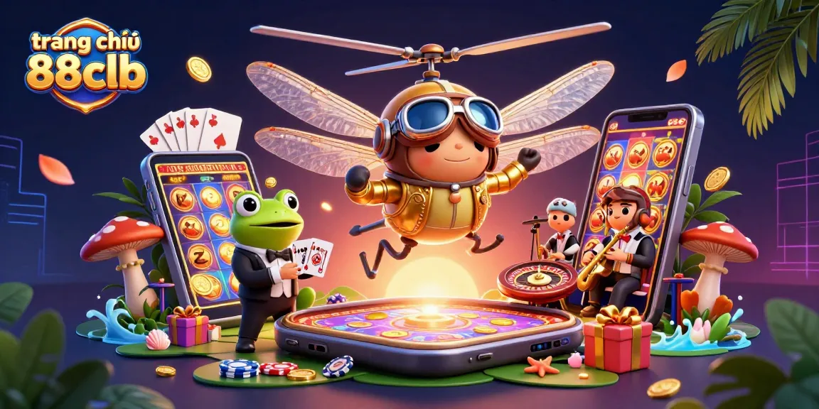 Experience the dynamic action of trang chủ 88clb with a dragonfly pilot and frog croupier in a lively casino scene.