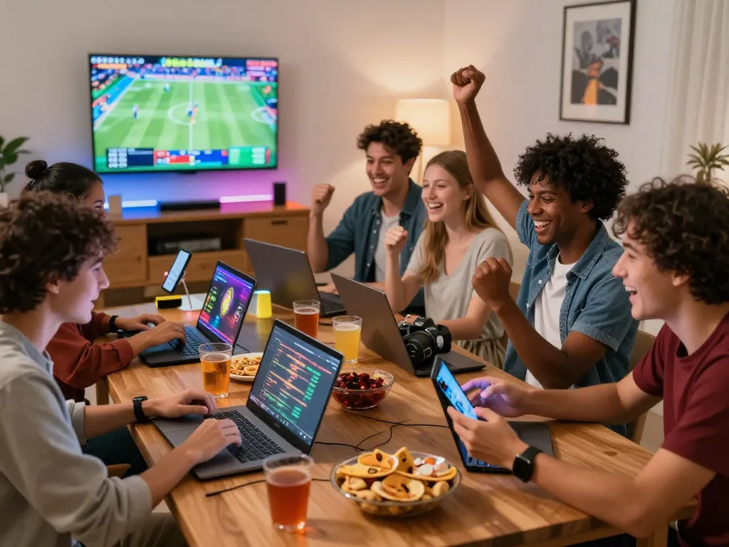 Friends enjoying online betting together at home, experiencing the thrill of Bj888 gaming.