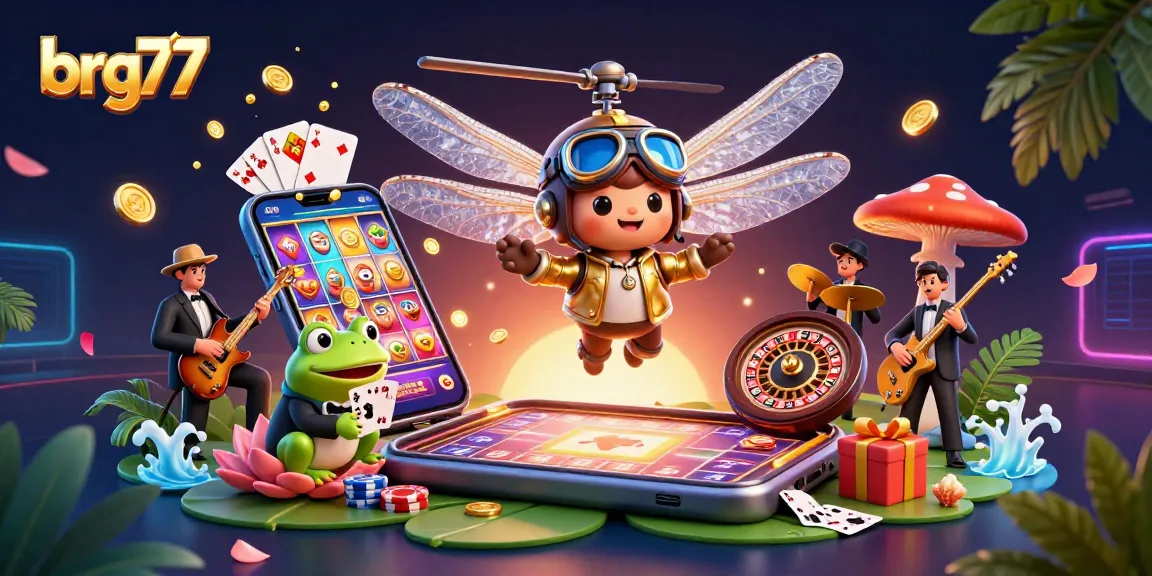 Experience thrilling gameplay with brg77's vibrant 3D casino scene featuring a dragonfly pilot and frog dealer.