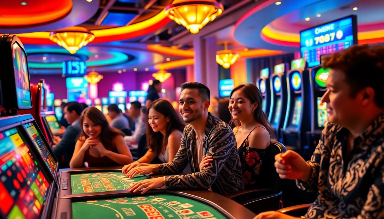 Players engaging in exciting games at 789bet online casino, surrounded by vibrant lights.