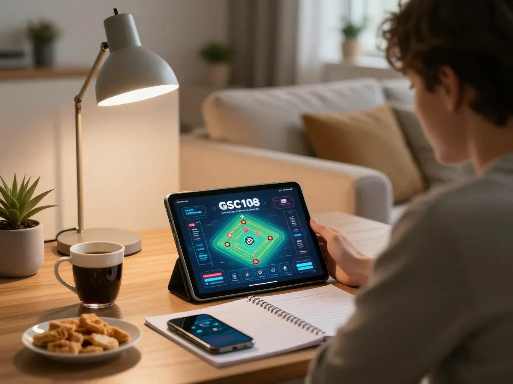 Sesi perjudian online Gsc108 di suasana rumah yang nyaman, menampilkan permainan tablet dan catatan strategis.