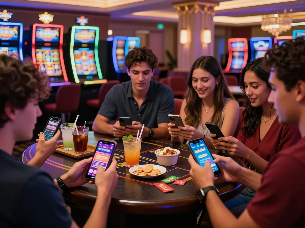 Group of friends using the wild sultan casino app at a vibrant casino setting, showcasing gaming excitement and luxury.