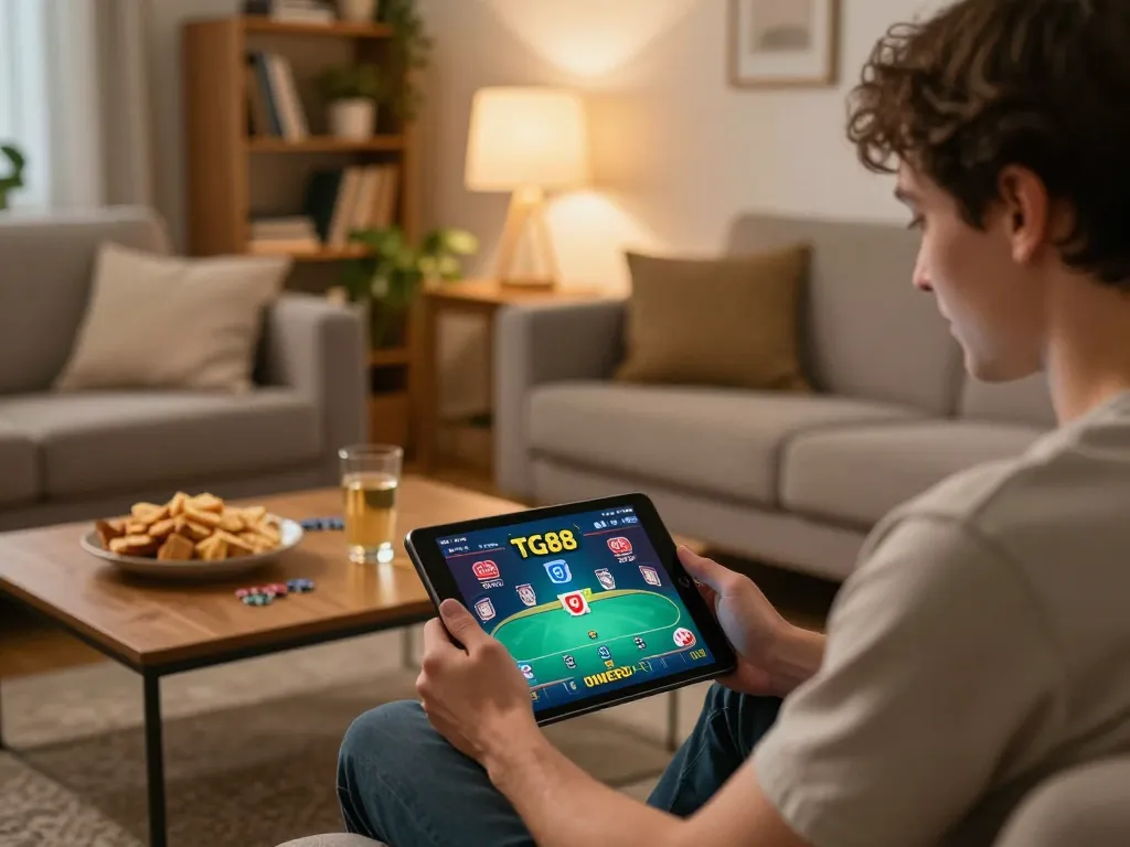 TG88 online gameplay with a player enjoying poker on tablet in a cozy home setting