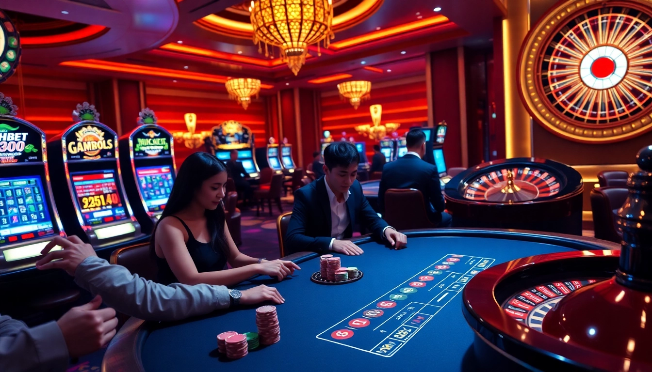 SHBET casino players engaging at blackjack and slot machines in a vibrant gaming environment.