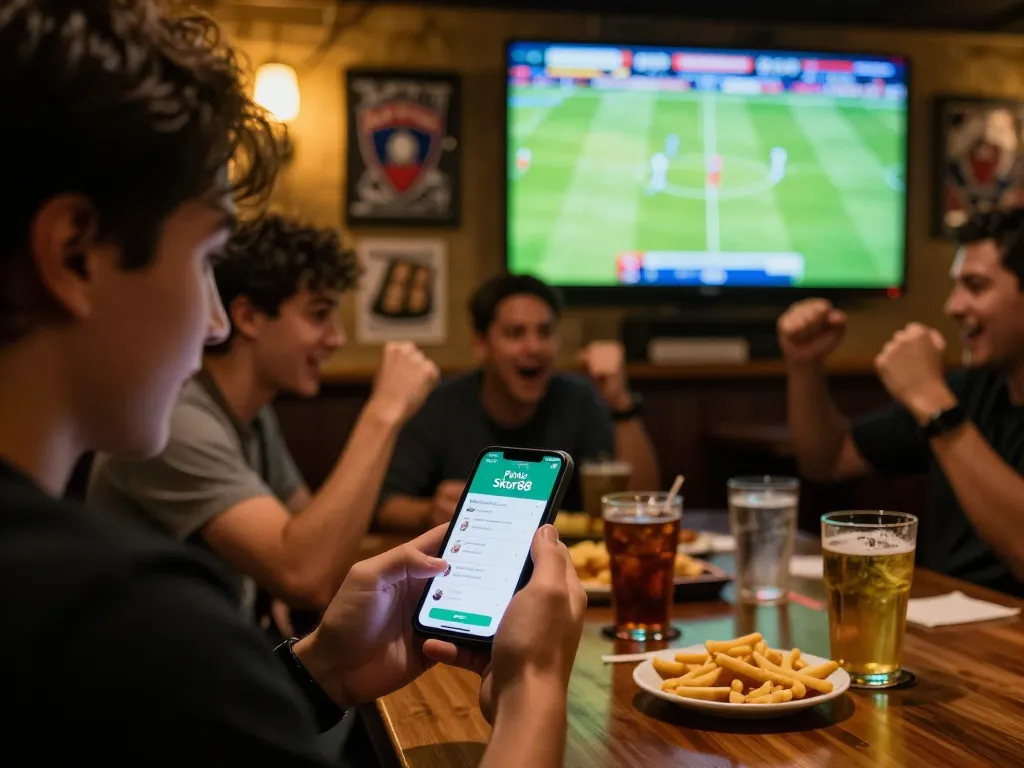 Engaging moment of Parlay Skor88 betting on smartphone in a lively sports bar atmosphere