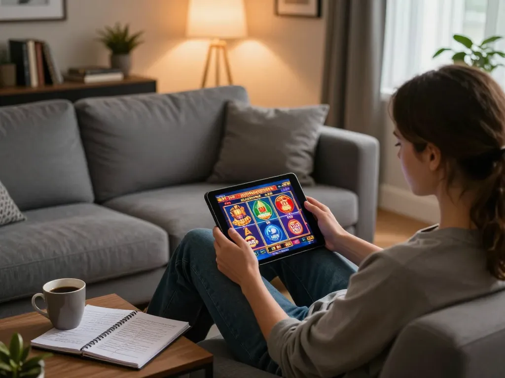 Engaged player enjoying Canada online casinos gaming session on tablet in cozy home