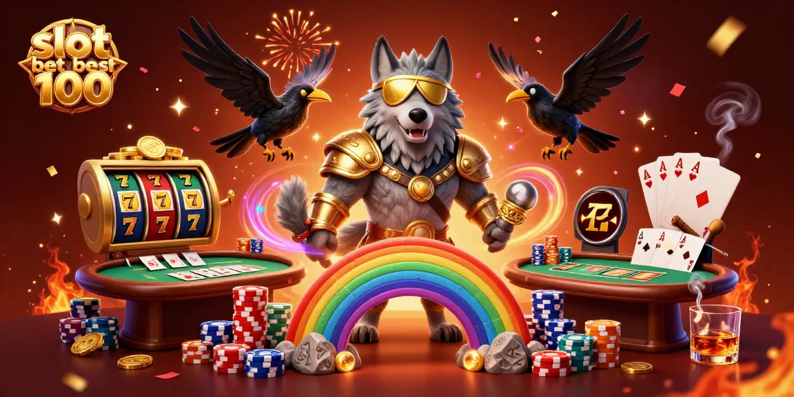 Experience the thrill of slot bet 100 with Norse-themed characters surrounded by vibrant casino elements.