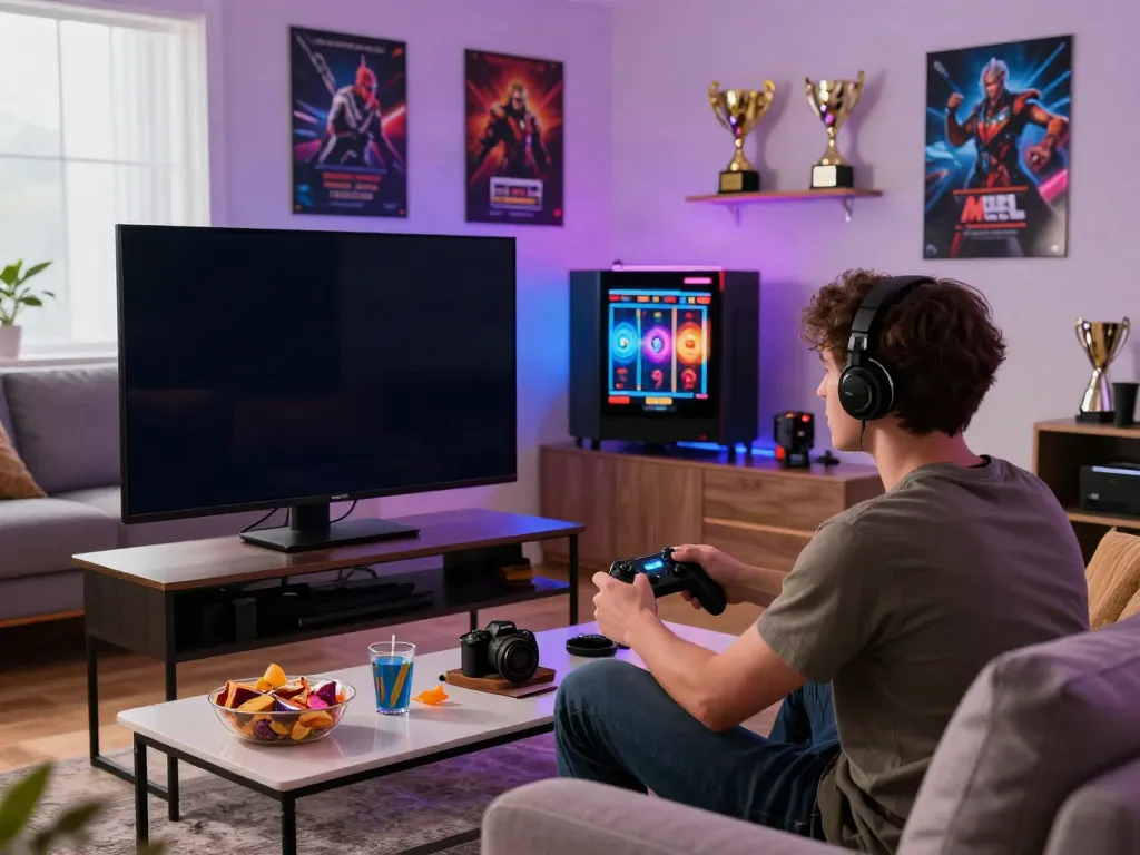 A lively gaming scene featuring akunjp, showcasing an engaged player in a vibrant setting with exciting slot game visuals.
