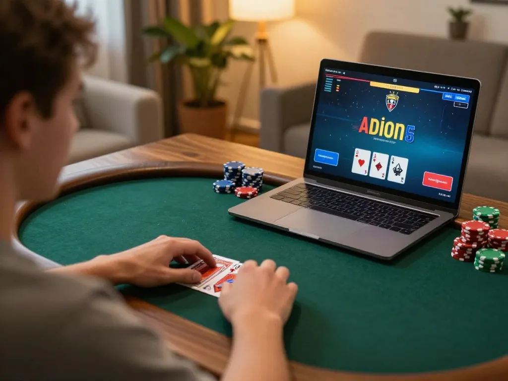 Player enjoying online poker on laptop at home, engaging with da88 strategy in cozy setting