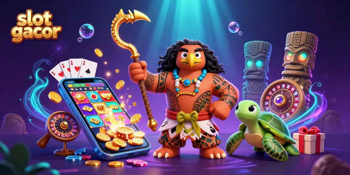 Experience slot gacor action with a Polynesian demigod and turtle, amidst vibrant casino elements.