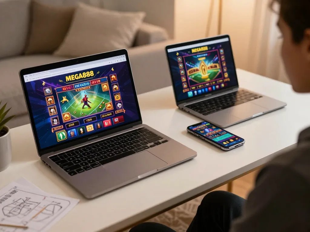 Engaging in mega888 online gaming with a laptop and smartphone displaying casino graphics on a stylish desk.