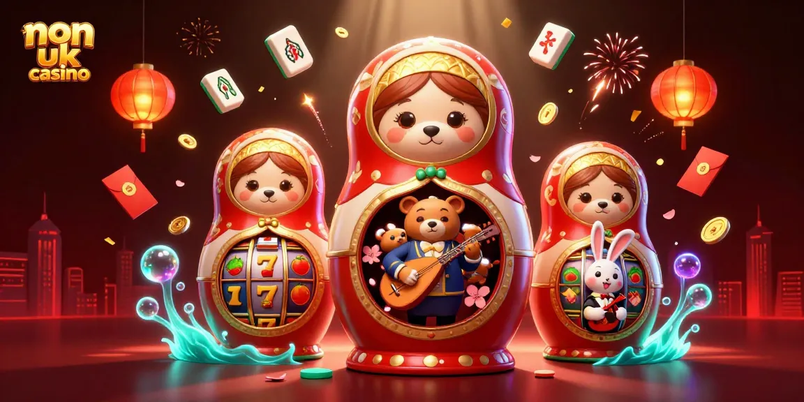 Engage with non UK casinos featuring a vibrant scene of a Matryoshka bear surrounded by slot reels and festive elements.