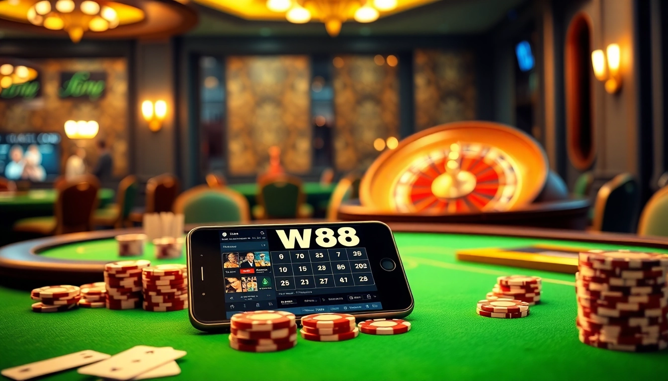 Experience the excitement of W88 with vibrant casino tables, poker chips, and mobile gambling interfaces.