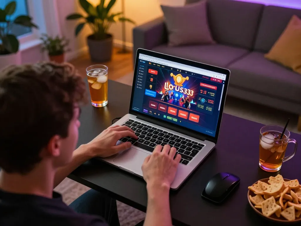 Engaging in online gaming with LOTUS333, showcasing cozy setup and strategic focus.
