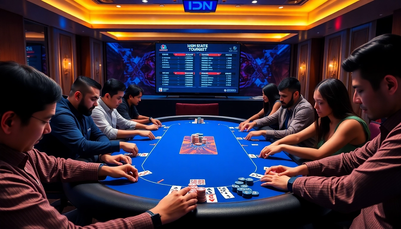 Experience thrilling gameplay at an IDN Poker table with focused players and vibrant casino atmosphere.