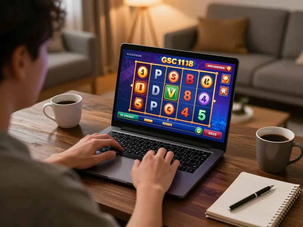 Engaging gameplay on GSC108 Daftar showcasing colorful slot reels and a focused player in a cozy environment
