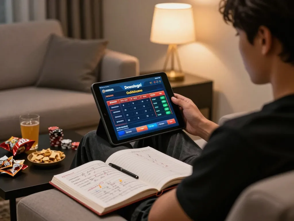 Dewatogel Online engaging gameplay on tablet with strategic notes nearby.