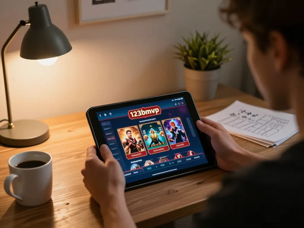 Player enjoying online casino games on their tablet at home, exploring options on 123bmvp.