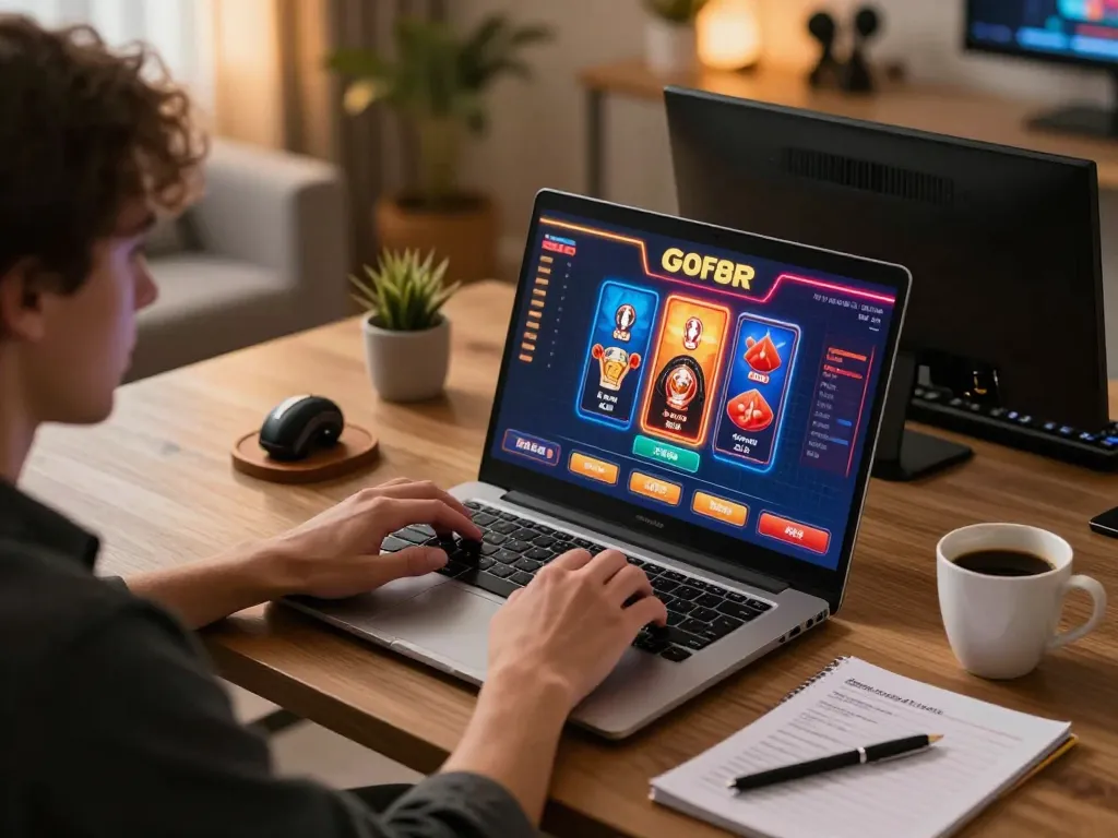 Player enjoying go88 casino games on laptop in cozy home office setup with strategy notes.