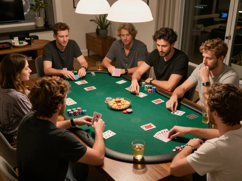 Players enjoying a poker night at home, showcasing strategies and camaraderie, elevating the F8BET experience.