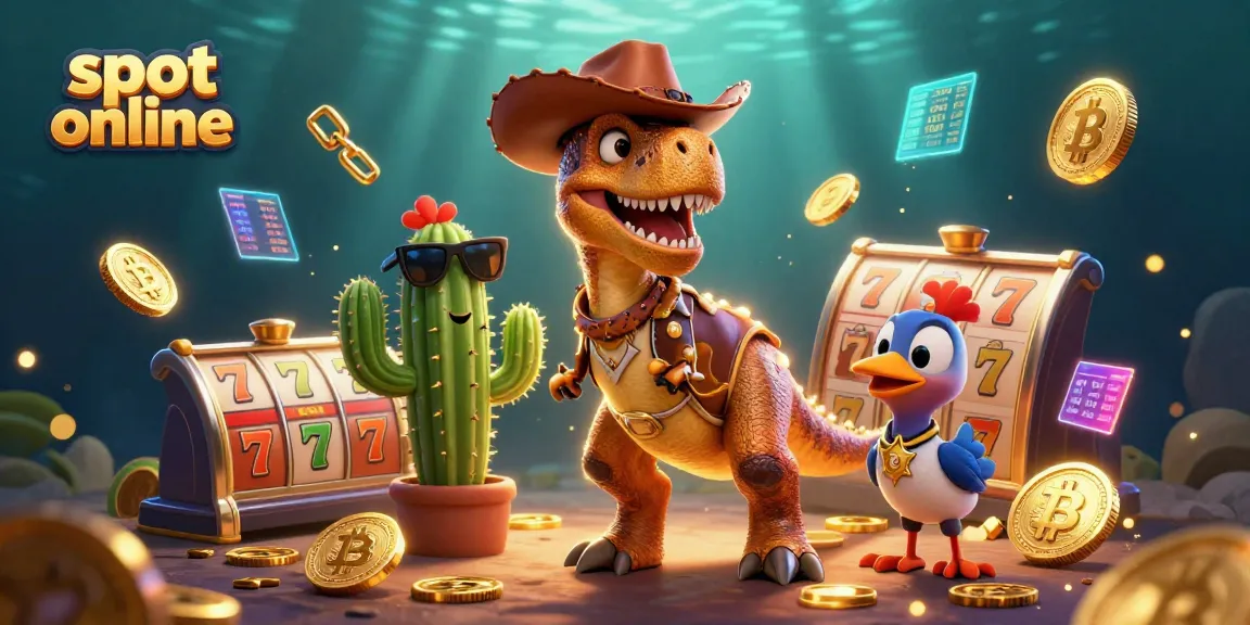 Experience the excitement of slot online gaming with a vibrant 3D illustration featuring a cowboy T-Rex and crypto elements.