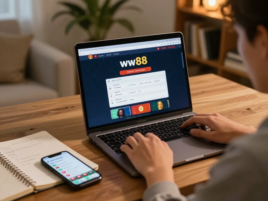Engaged user exploring ww88 online casino platform on laptop, illustrating responsible gambling.
