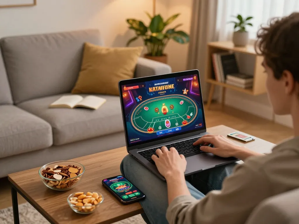 Online Casino No Deposit gaming moment with a player enjoying poker on their laptop in a cozy home setting.
