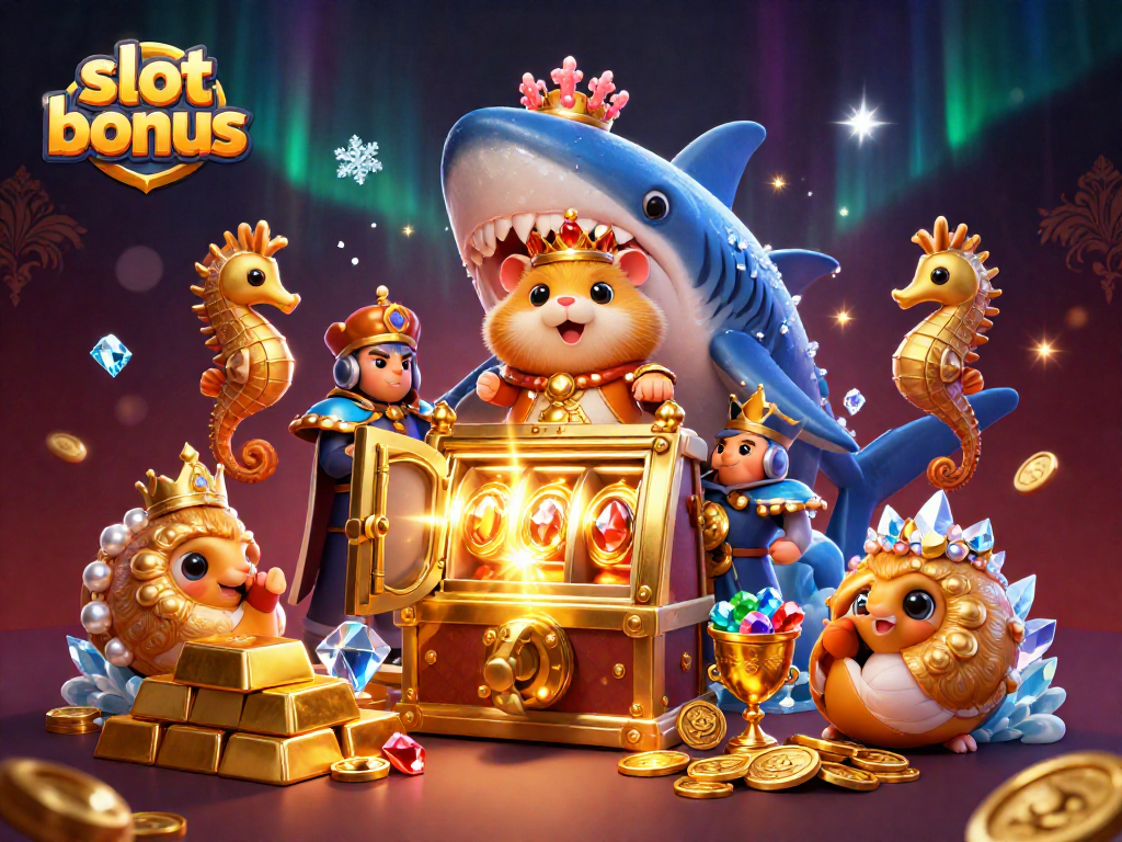Engage in the slot bonus fun with a golden hamster king surrounded by treasure and seahorse guards.