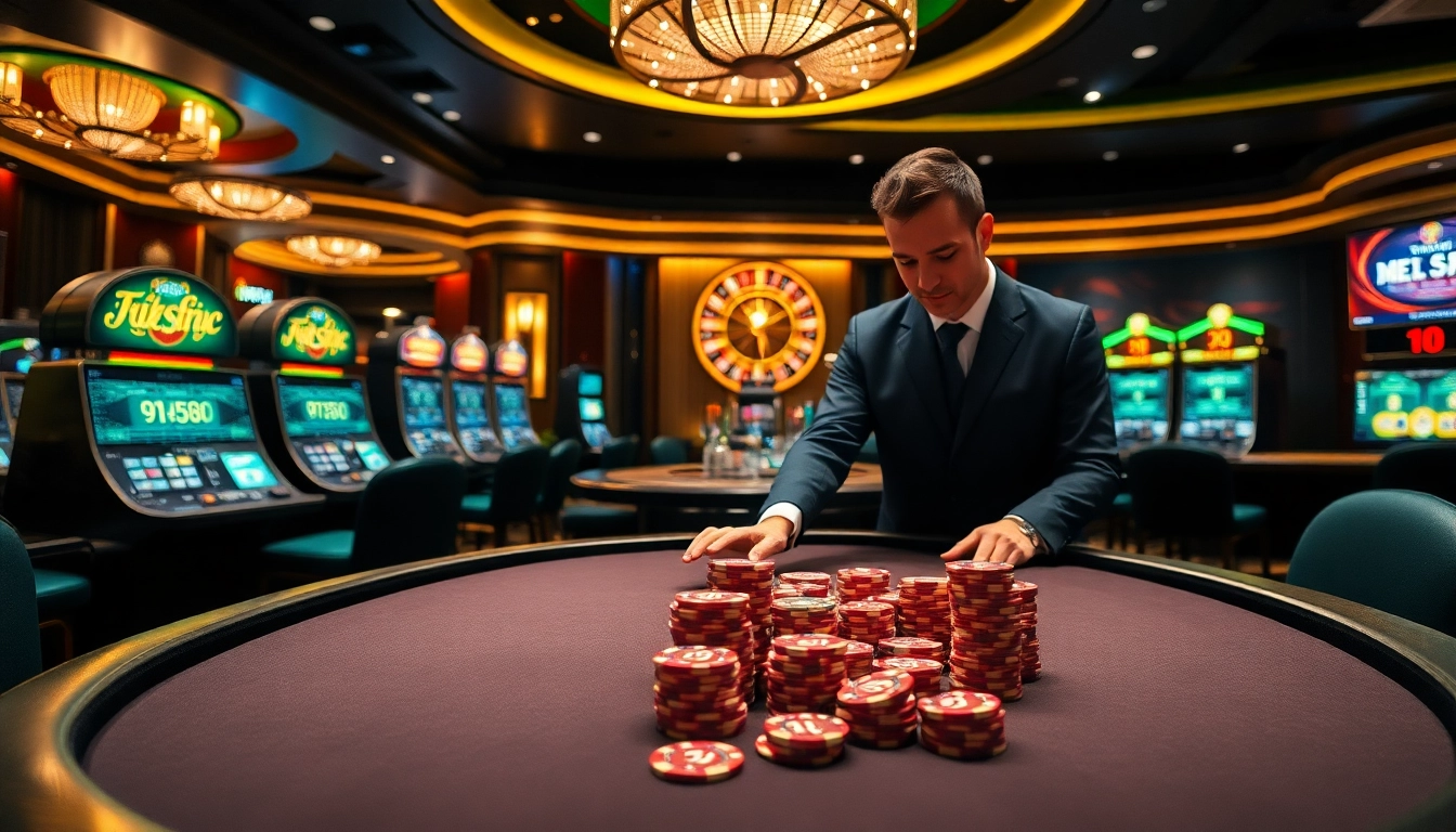 Experience the excitement of w-88.uk.com at a luxurious casino with poker tables and slot machines.