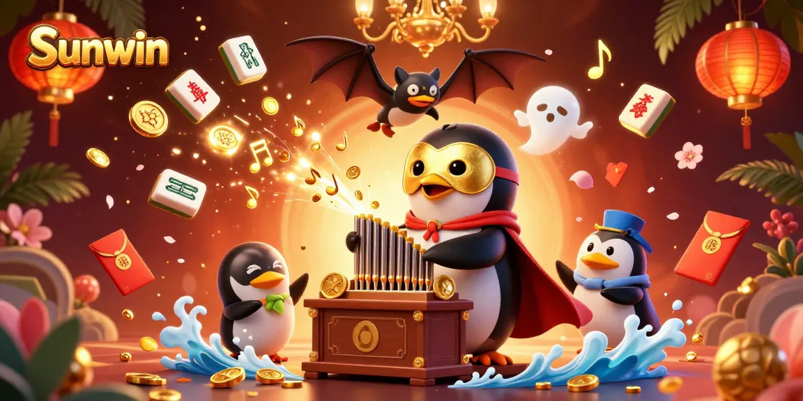 Experience the thrill of Sunwin gaming with a vibrant 3D casino scene featuring playing elements and celebratory offers.