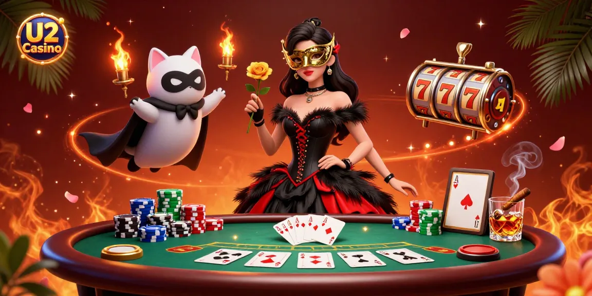 Enjoy a thrilling game at U2 Casino with a glamorous setting featuring poker tables, vibrant chips, and lively characters.
