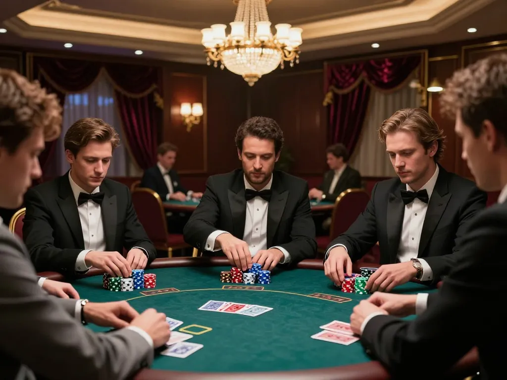 uu88 players engage intensely in a poker game, showcasing strategy and suspense in a luxurious casino.
