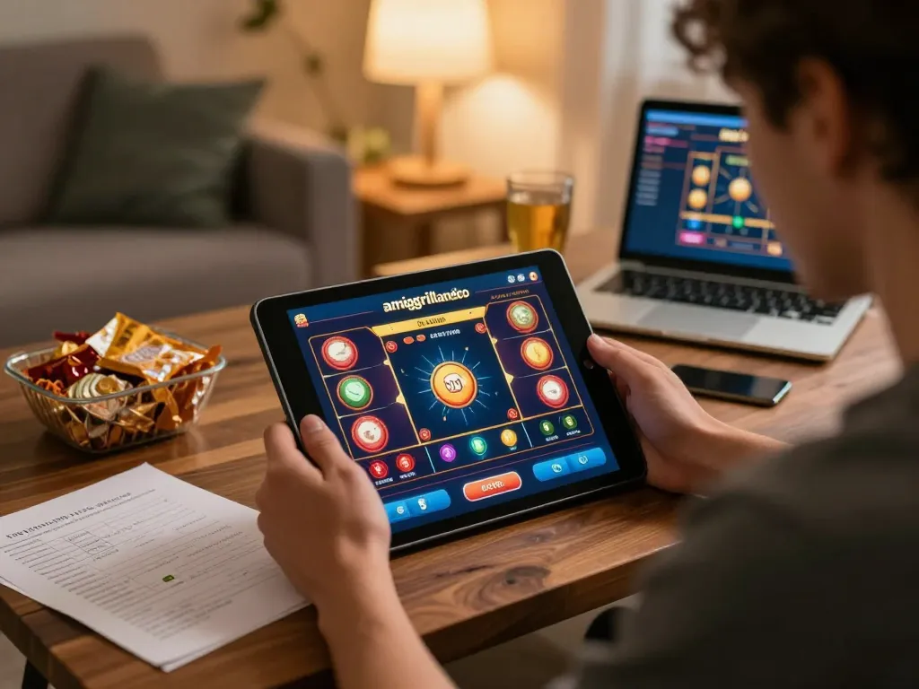 Engaging online gaming session with amigogrillandco app displayed, player focused in cozy setting.