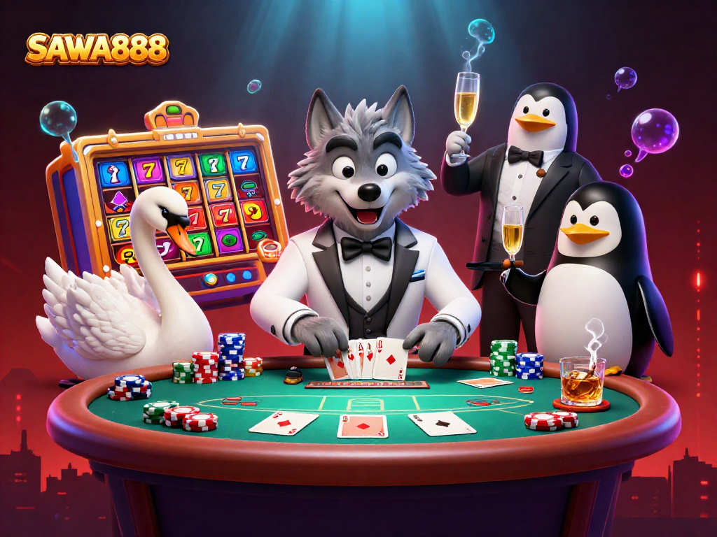 SAWA888 showcases vibrant slot action featuring animated characters at a baccarat table during an exciting casino scene.
