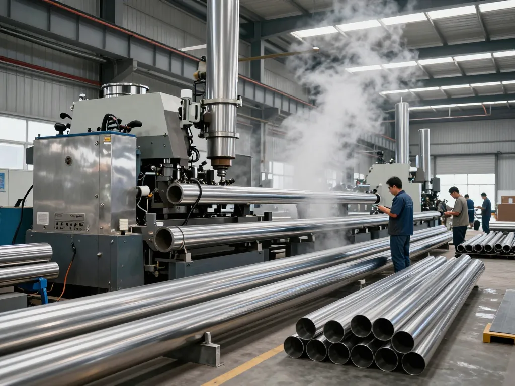 Stainless steel production at Sumwin factory, showcasing skilled labor and machinery.