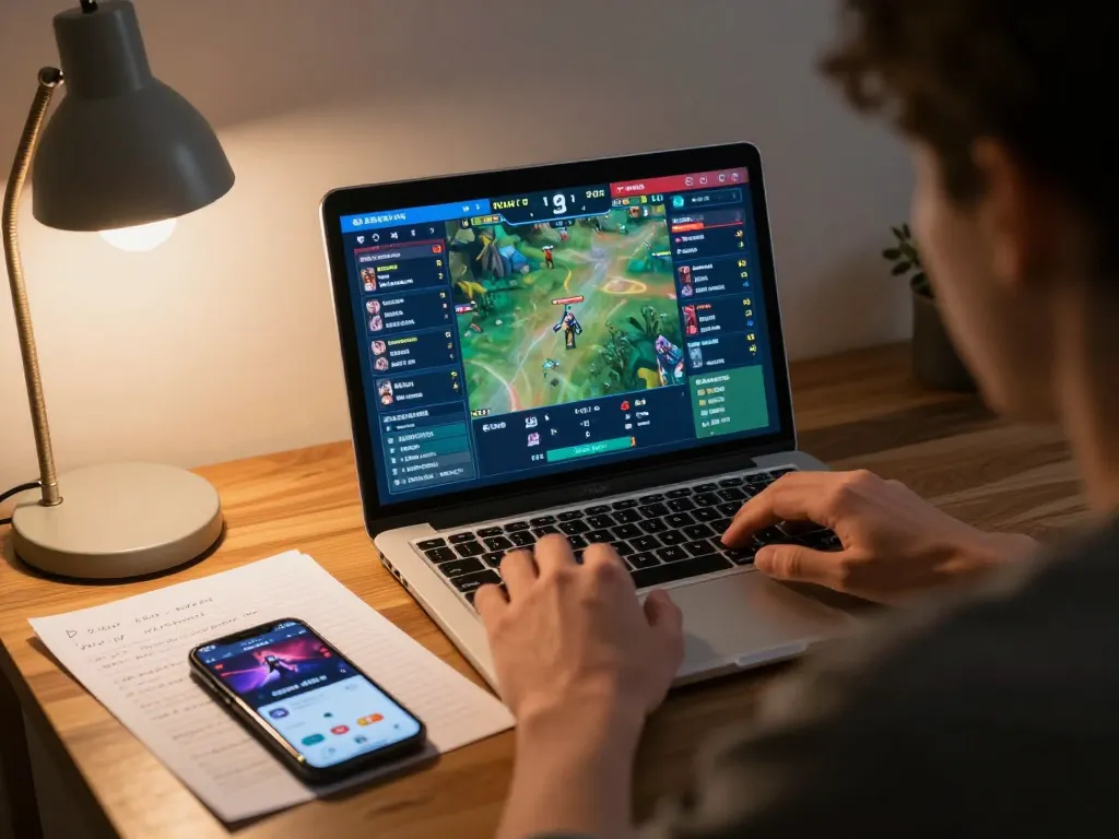 Engaging in esport betting Singapore with a laptop showing live odds, creating a thrilling betting atmosphere