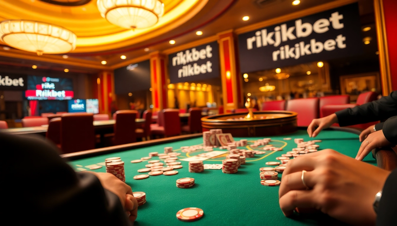 Engaged players strategizing at the rikbet poker table in a luxurious casino setting.