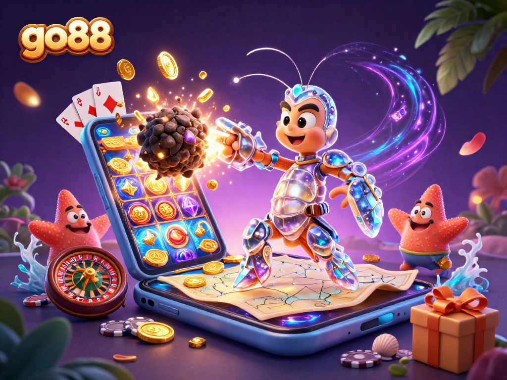 Engage with go88's vibrant 3D casino scene featuring a mantis shrimp and starfish among slot games.