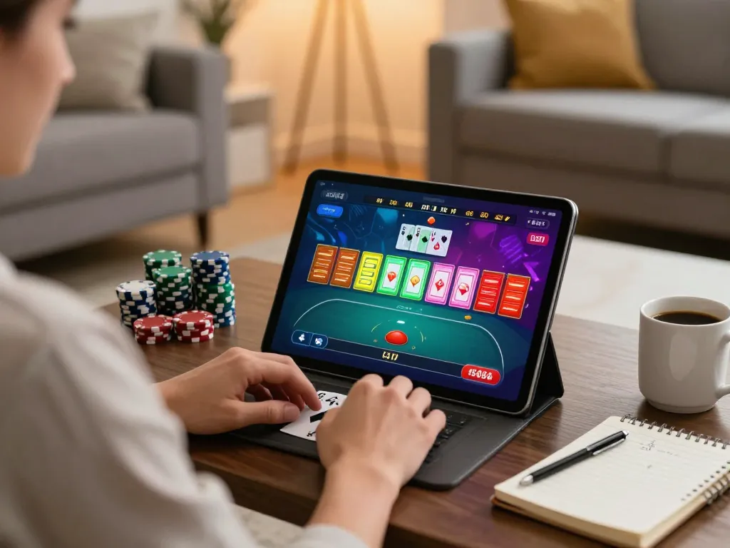 Player enjoying vnloto poker game on a tablet in a cozy home setting, emphasizing strategic gameplay.
