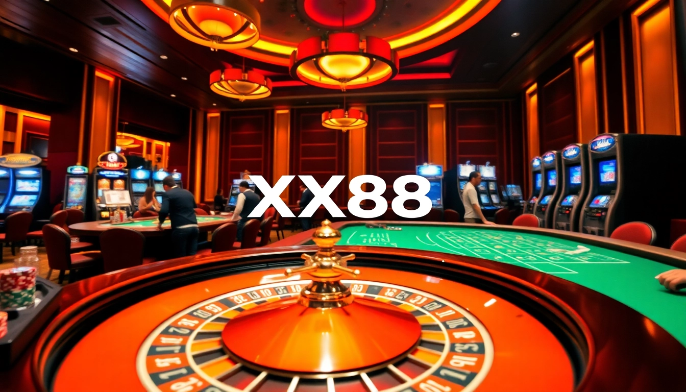 Experience the thrill of gaming with XX88's vibrant casino atmosphere, showcasing poker and roulette.