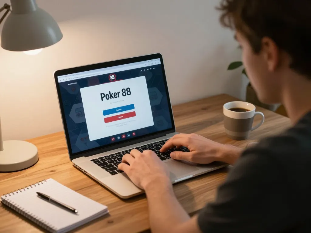 Engaging in Poker 88 Login at home using a laptop for an online poker game
