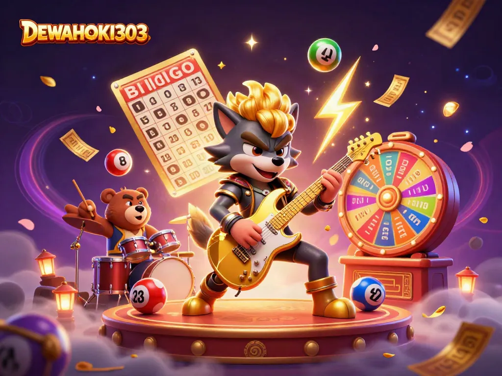 DEWAHOKI303 menampilkan karakter serigala rock star bermain gitar emas di panggung kasino dengan efek bertaburan bola lotre berwarna.
