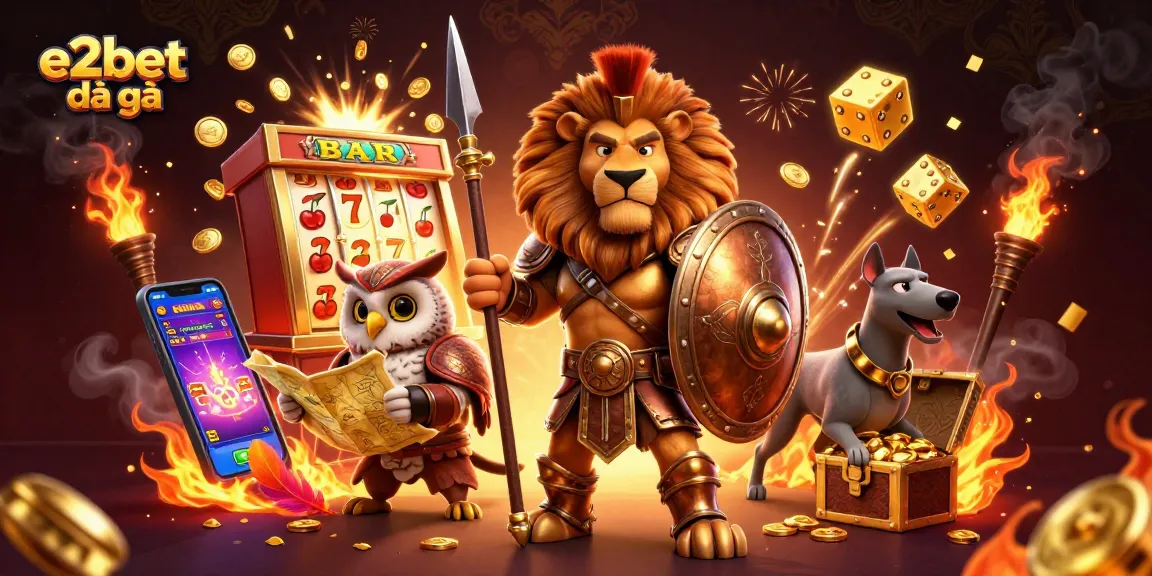 e2bet đá gà showcases a vibrant cartoon scene with a Spartan lion, owl strategist, and greyhound, amidst casino elements.