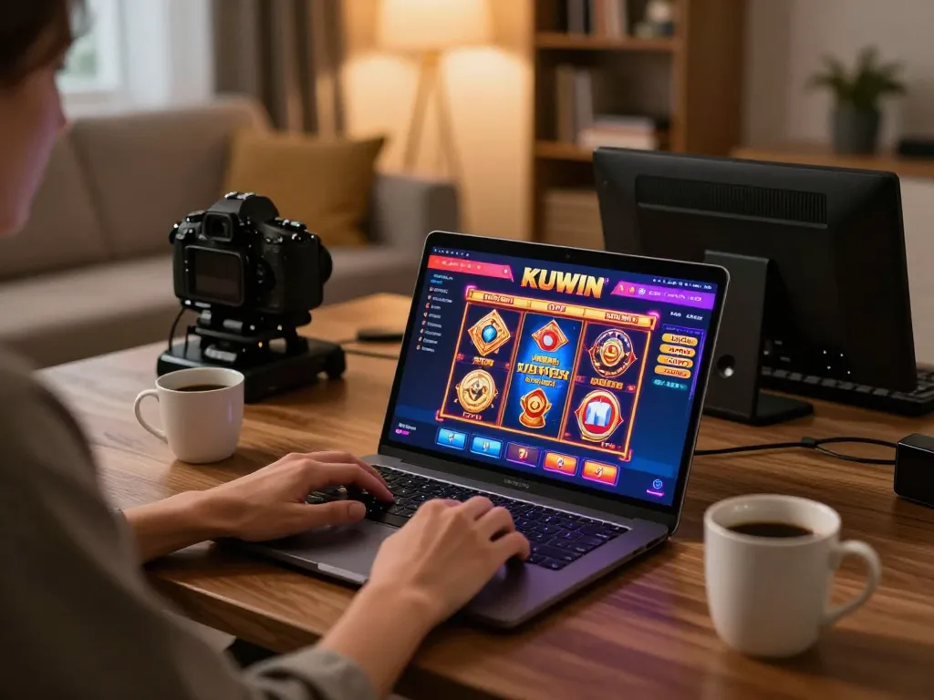 Player engaging with KUWIN's online gaming platform from a cozy home setup, showcasing responsible gambling.
