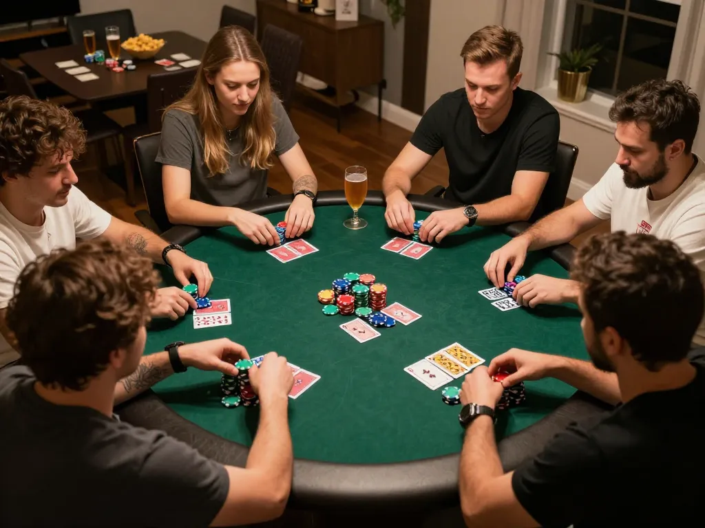 Engaged friends playing poker for fun at a SOC88 home game night with colorful chips and cards.