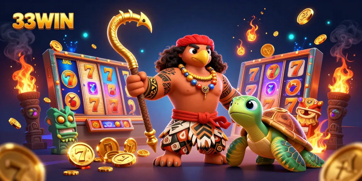 Spin the reels and win big with 33WIN in this dazzling casino-inspired illustration.