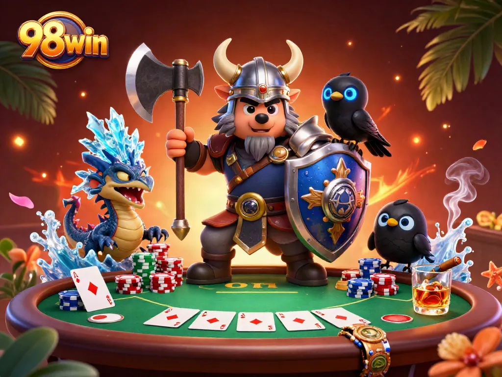 Engage in thrilling poker action with 98win's vibrant casino scene featuring dynamic characters.