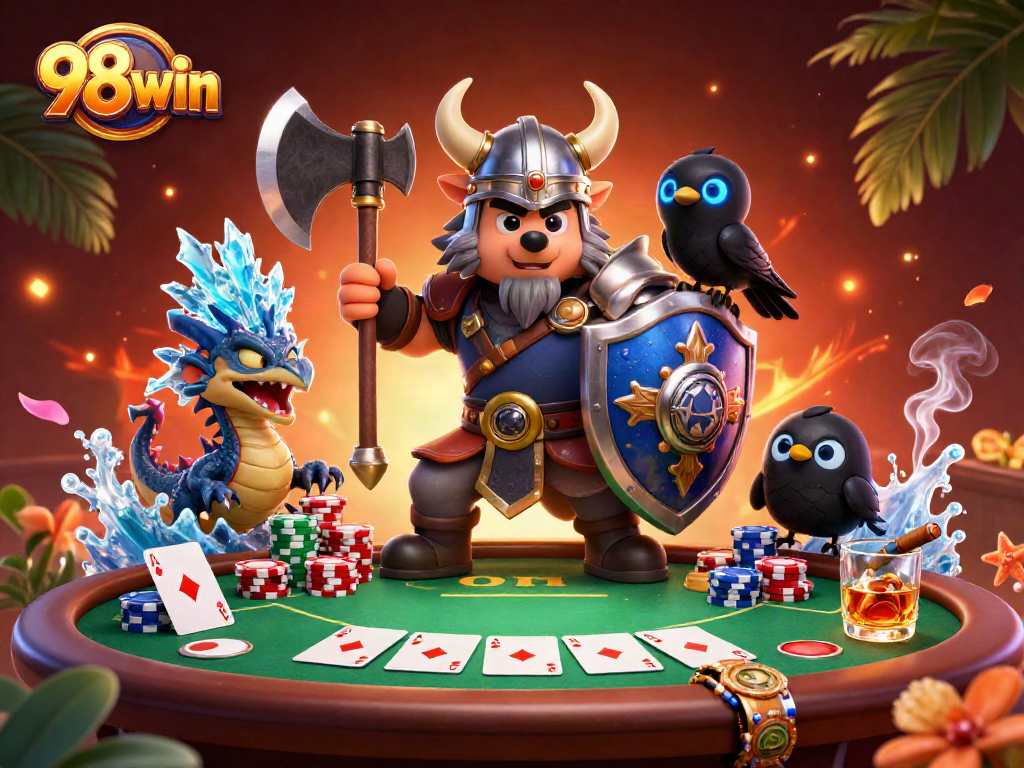 Engage in thrilling poker action with 98win's vibrant casino scene featuring dynamic characters.