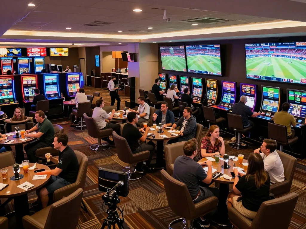 Tỷ lệ kèo nhà cái 5 displayed on large screens in a lively sports betting lounge